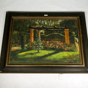 Lote anterior: Cuadro al óleo sobre tabla: Paisaje floral con pérgola, firmado R.D. Arigón de Haedo 1945