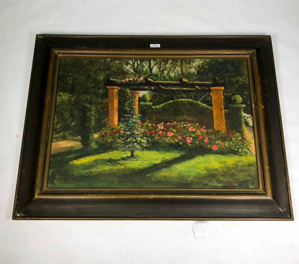 Cuadro al óleo sobre tabla: Paisaje floral con pérgola, firmado R.D. Arigón de Haedo 1945