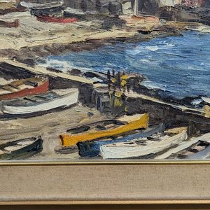 Pintura al óleo "Puerto con Casas" de Manuel Raúl Deliotti, 1989 - imagen 6