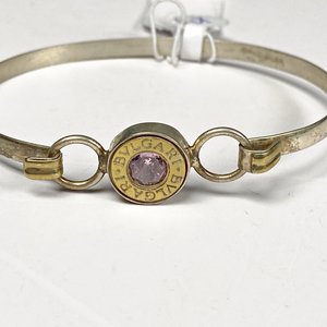 Pulsera Rígida de Plata con Piedra Rosa y Detalles Dorados - imagen 3