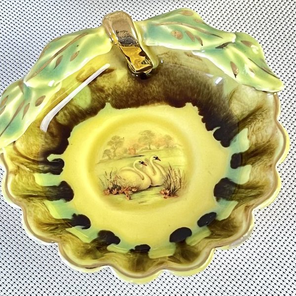 Juego de postre antiguo ornamental con cisnes pintado a mano - imagen 3