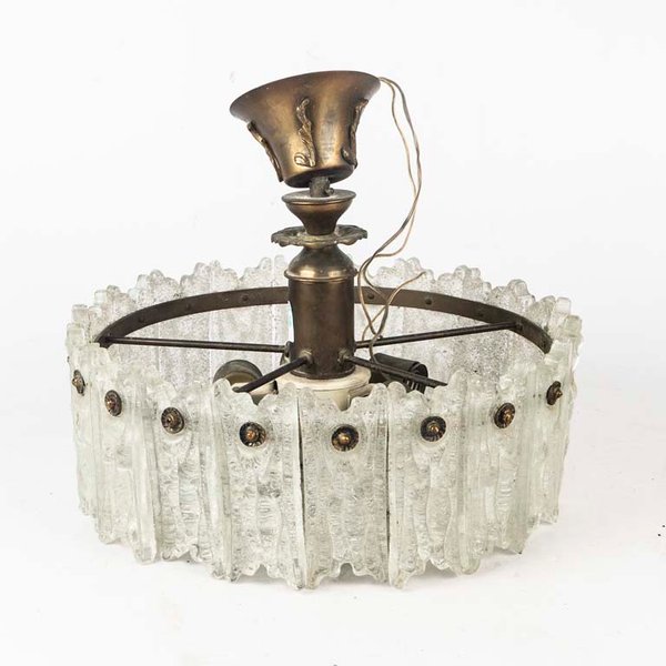 Colgante Vintage de Bronce y Vidrio Prensado, 5 Luces