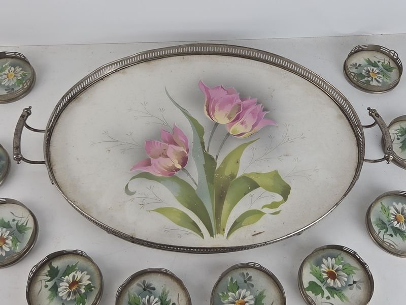 Gran bandeja y posavasos en mayolica alemana y metal para decoración del hogar - imagen 2