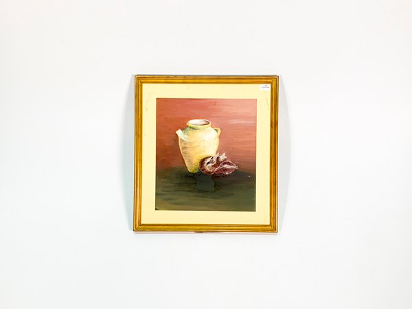 Pintura óleo en cartón, Jarrón y cebollas coloradas - imagen 1