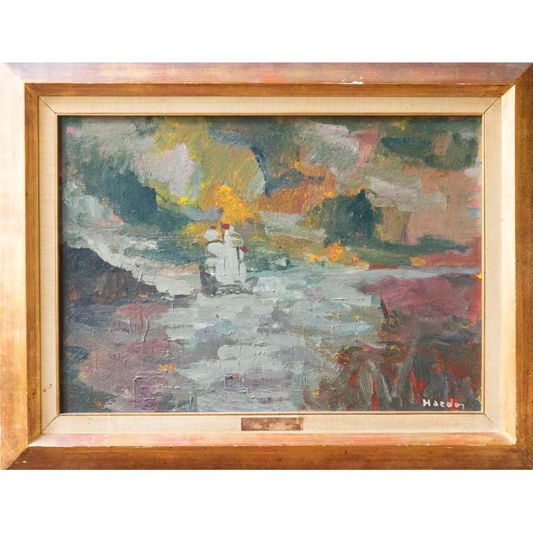 Óleo "Barco y Rocas" de Haedo - 48 x 78.5 cm
