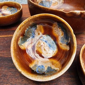 Juego de 5 Cuencos de Barro Vidriado Marrón y Azul - imagen 2