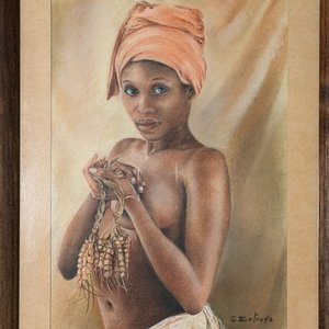 Dibujo Firmado G. Estrada: Retrato de Mujer con Turbante y Semillas - imagen 2