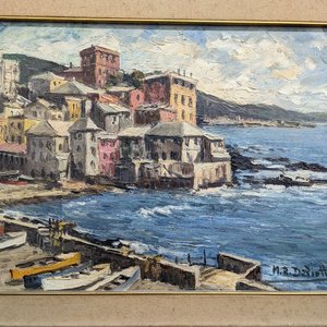 Pintura al óleo "Puerto con Casas" de Manuel Raúl Deliotti, 1989 - imagen 3
