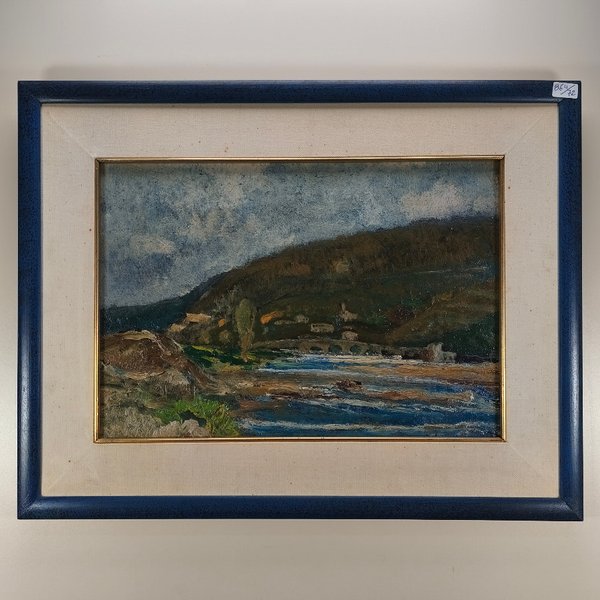Oleo sobre Fibra "Paisaje Fluvial" Firmado J. de Brum con Marco Azul - imagen 1