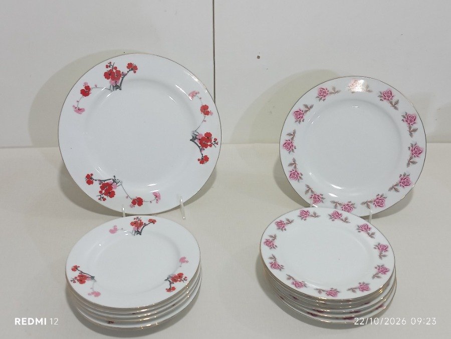Conjunto de 13 Platos de Cerámica Decorada con Flores - Industria China