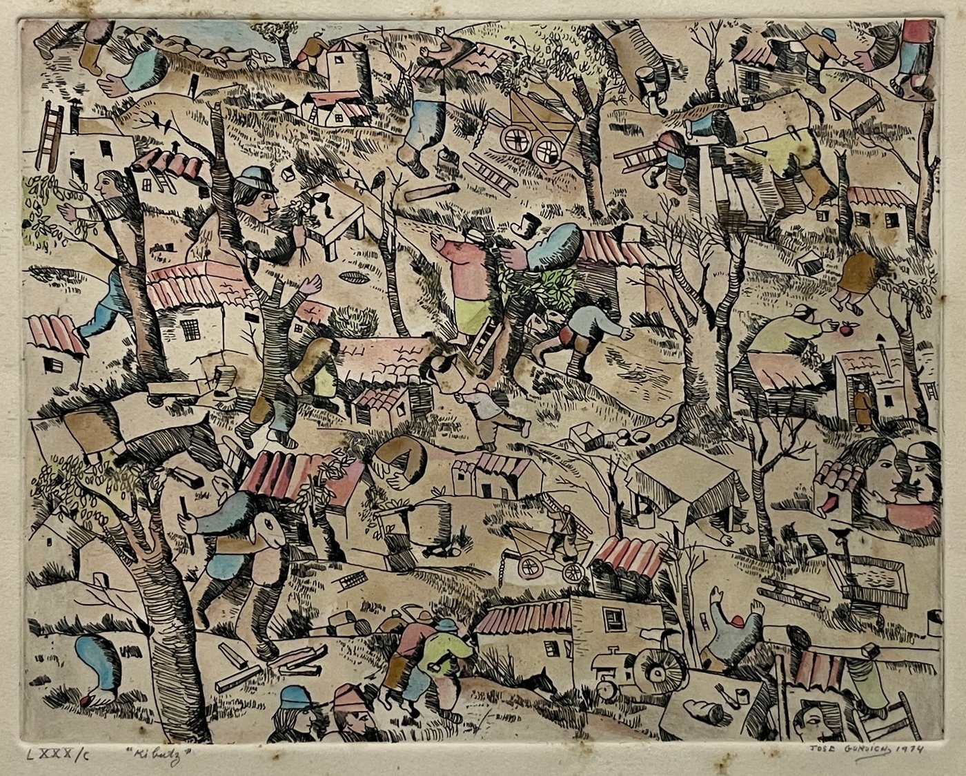 Grabado Coloreado "Kibutz" de José Gurvich, Firmado y Fechado 1974