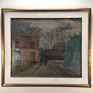 Lote siguiente: Óleo sobre Fibra "Puerto" de Florentino Delgado con Marco Dorado