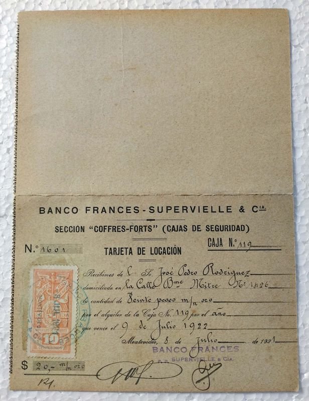 Recibo de alquiler de caja de seguridad del Banco Frances Supervielle & Cia.
