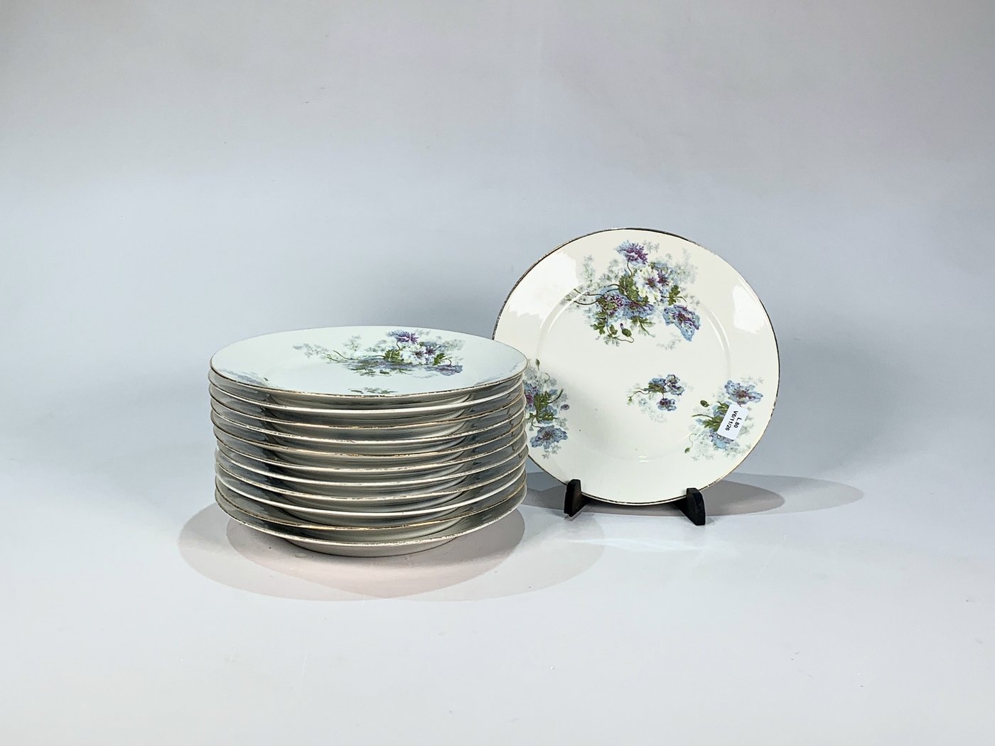 Doce Platos Llanos de Porcelana Bavaria para Postre, Blancos con Flores y Borde Dorado