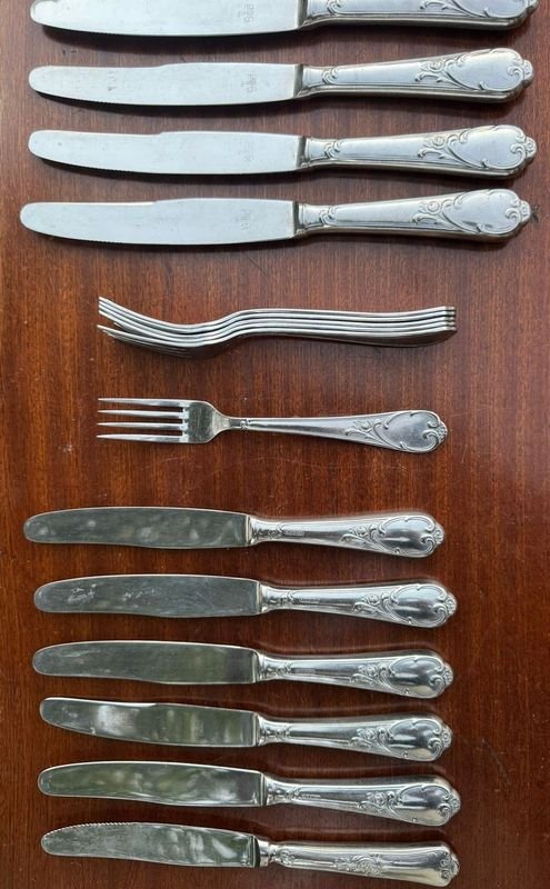 6 cuchillos grandes 6 chicos y 6 tenedores chicos en acero inoxidable