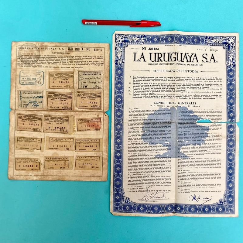Documentos y Pólizas de Seguro de "La Uruguaya" - Año 1938