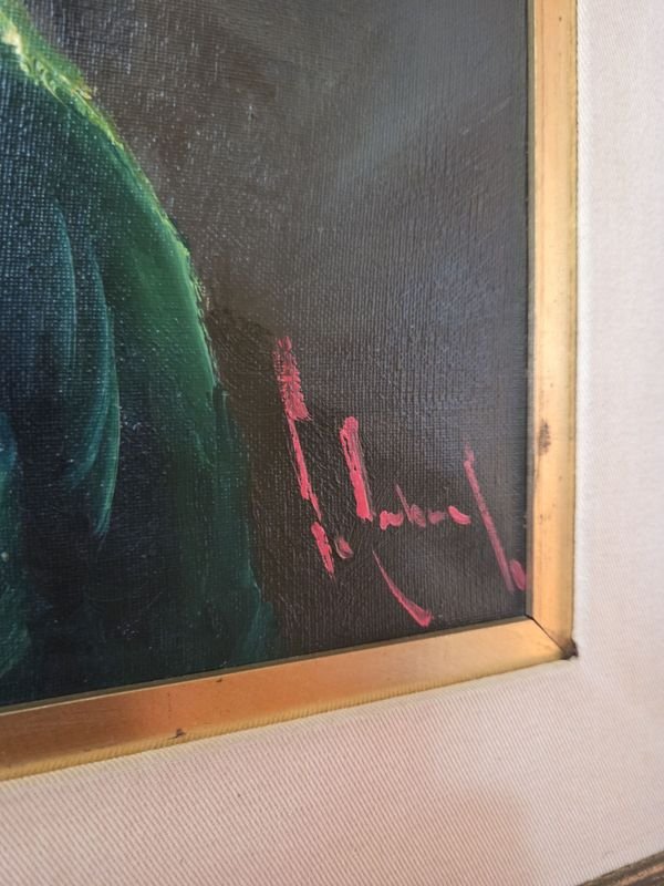 Óleo firmado J. Cabral, pintura de un joven con gorra y camisa verde - imagen 6