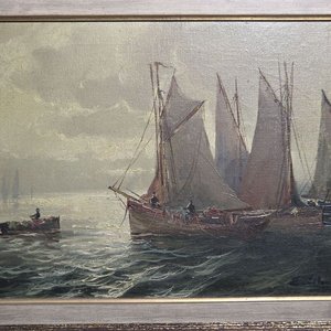 Antiguo Óleo de Barcos de Pesca en el Mar, Firmado - imagen 3