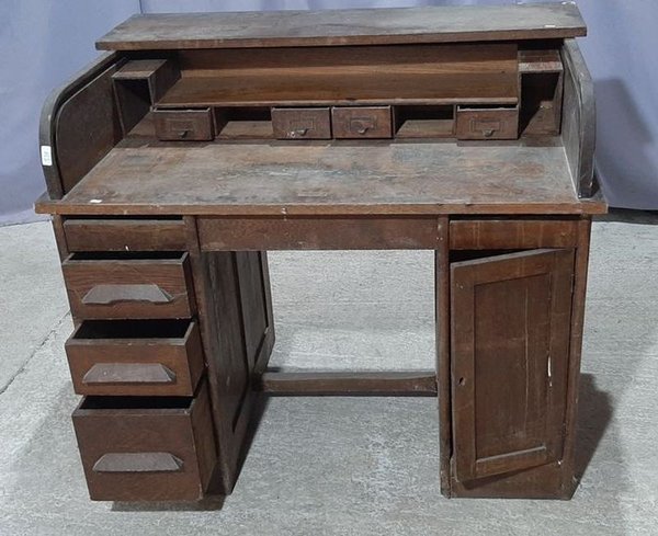 Escritorio Antiguo de Roble con Enrollable y Cajones