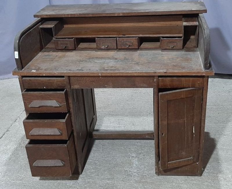 Escritorio Antiguo de Roble con Enrollable y Cajones