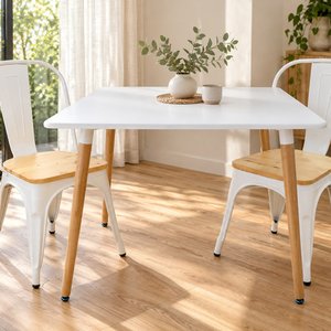 Juego Desayunador Estilo Eames: Mesa Laqueada Blanca 80x80cm con 2 Sillas Metálicas Tolix - imagen 2