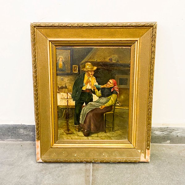 Lote siguiente: Cuadro oleo antiguo en marco de madera con detalles dorados