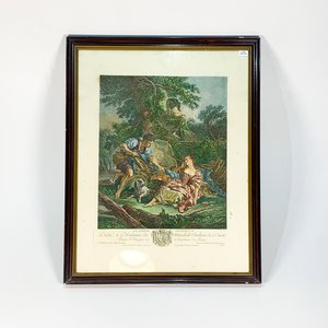 Cuadro Grabado a Color "Le Panier Mystérieux" Dama y Hombre con Perro - imagen 1