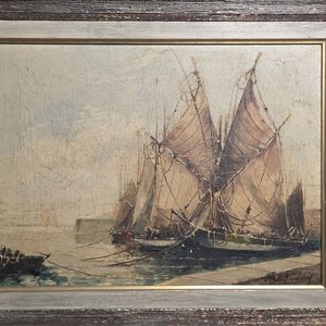 Antiguo Óleo de Barcos Marineros Firmado por Marcel Kalefstein - imagen 2