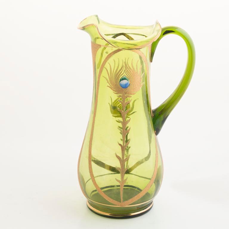 Jarra de Cristal Veneciano Verde con Esmalte y Detalles Dorados - 26cm