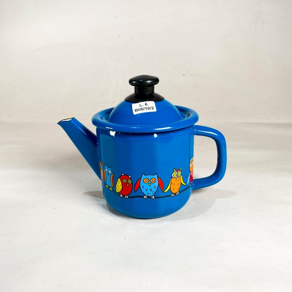 Tetera Antigua Esmaltada Azul con Diseño de Búhos Estilo Checo - imagen 1