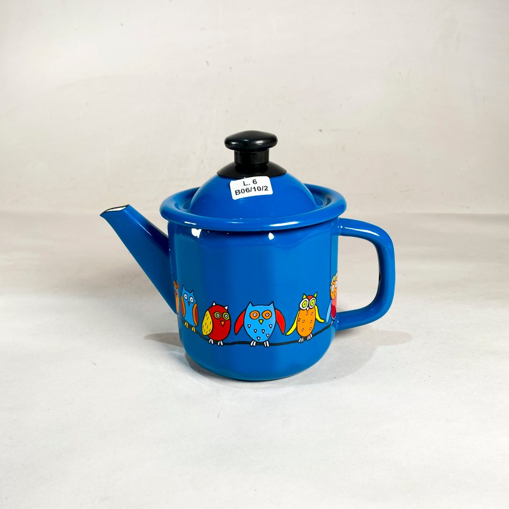 Tetera Antigua Esmaltada Azul con Diseño de Búhos Estilo Checo