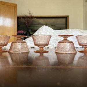 Copas de Postre Vintage Vidrio Rosa Grabado Flores (Set de 5) - imagen 6