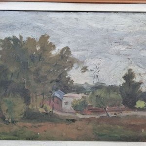 Antiguo Óleo Paisaje Rural Criollo con Estancia y Molino de Viento - imagen 2