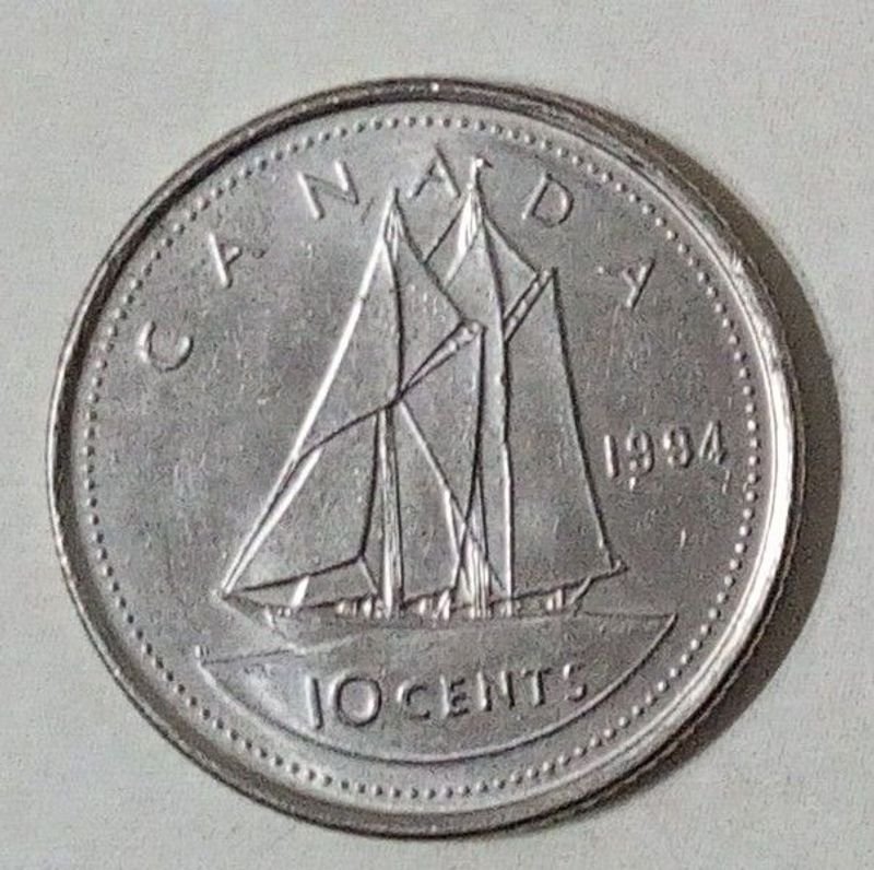 Moneda de 10 Centavos de Canadá (Dime) 1994 - Barco Bluenose