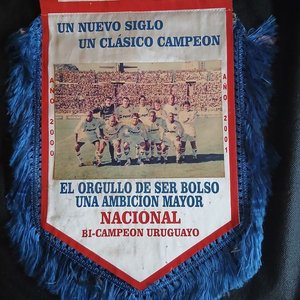 Banderín de Nacional "Bi-Campeón Uruguayo 2000-2001" con Flecos Azules - imagen 1