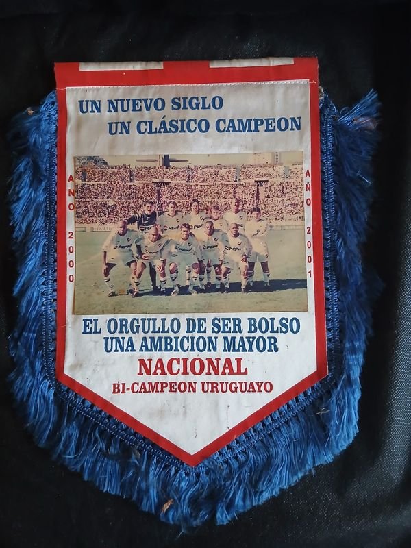 Banderín de Nacional "Bi-Campeón Uruguayo 2000-2001" con Flecos Azules