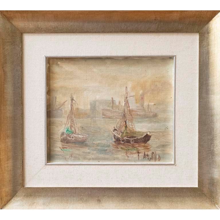Óleo "Barcos" de Tarallo, Marco con Passepartout