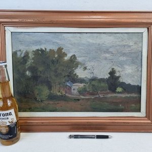 Antiguo Óleo Paisaje Rural Criollo con Estancia y Molino de Viento - imagen 7