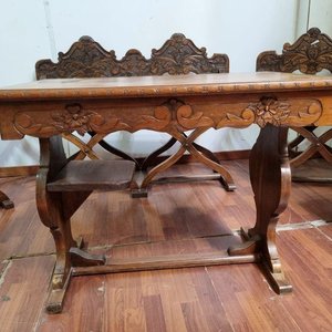 Juego de Living y Comedor Rústico Español en Madera Tallada: Mesa Ratona, 2 Sillones Curules, Banco y 2 Sillas - imagen 5
