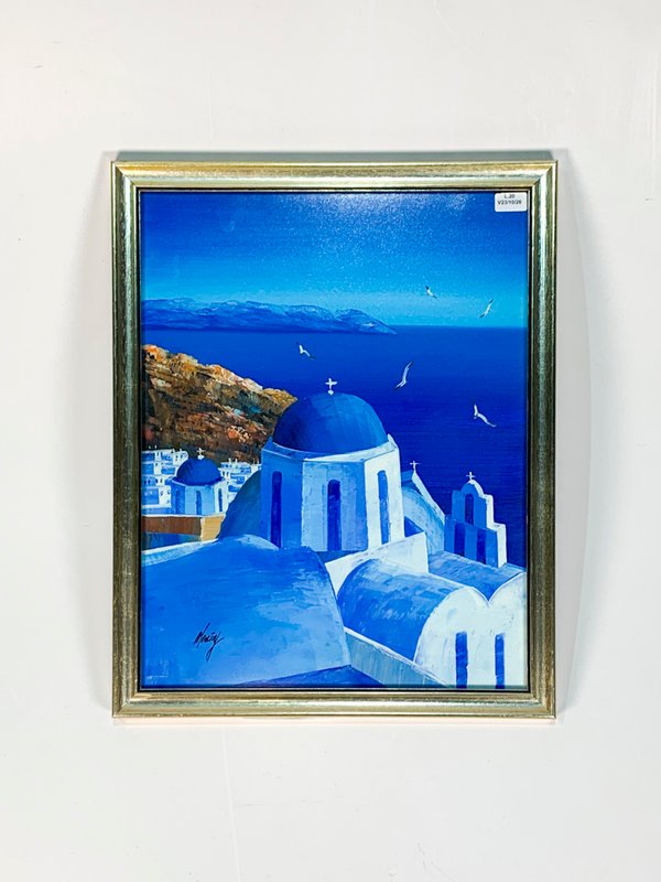 Cuadro Óleo Paisaje Costero Grecia Caseríos Cúpula Catedral Firmado 40x32cm - imagen 1