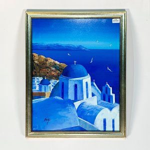 Cuadro Óleo Paisaje Costero Grecia Caseríos Cúpula Catedral Firmado 40x32cm - imagen 1