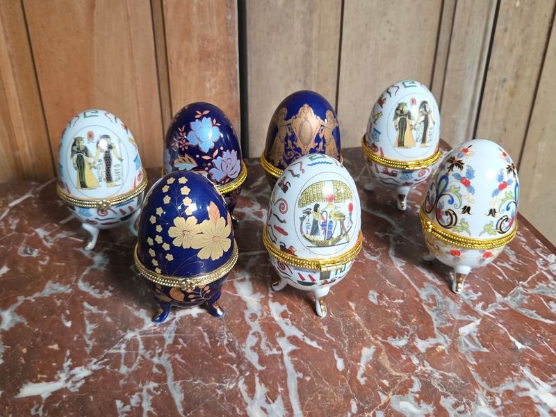 Set de 7 Alhajeros Decorativos Huevo Estilo Fabergé con Motivos Egipcios y Florales