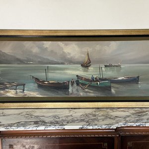 Pintura al Óleo: Paisaje Marino con Embarcaciones y Pescadores - imagen 2
