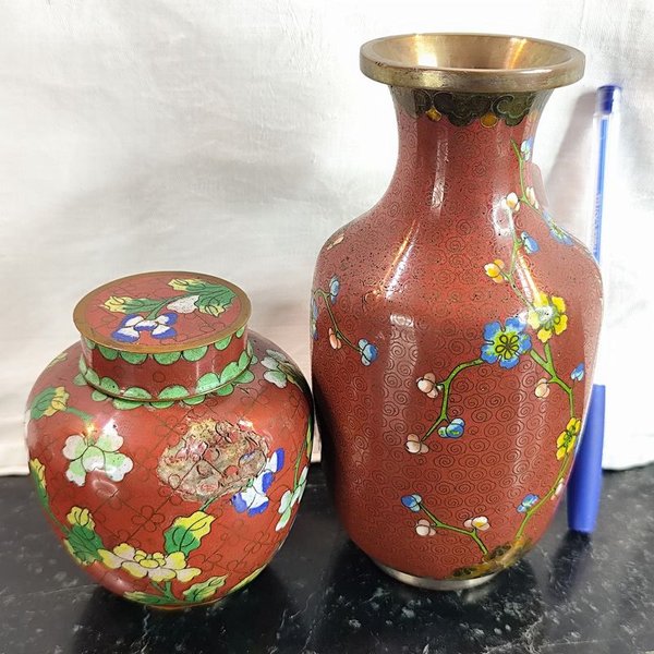 Antiguo potiche de bronce esmaltado cloisonné sin tapa, con decoración floral - imagen 2