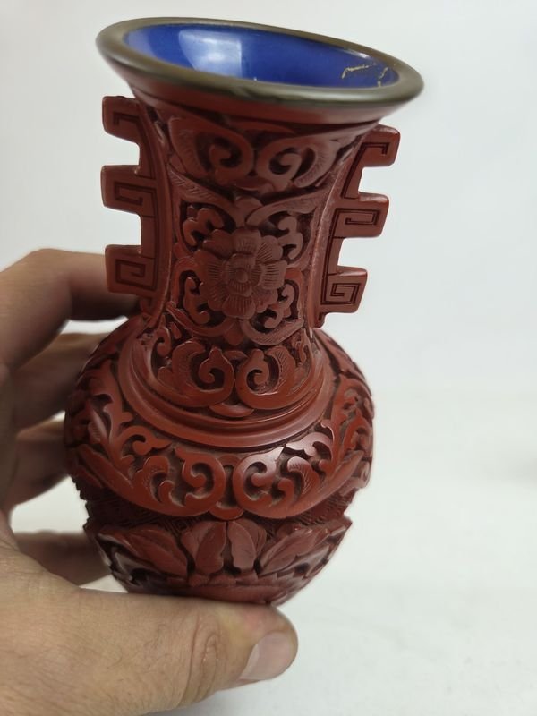 Jarrón chino de laca (laca de cinabrio) - Vaso cerámico decorativo - imagen 3