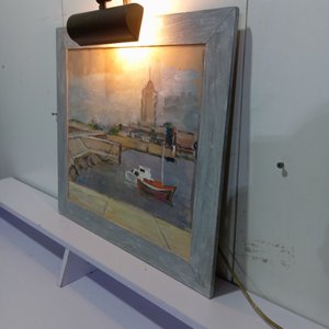 Cuadro Óleo Paisaje Marítimo con Barcos y Marco Gris con Iluminación - imagen 4