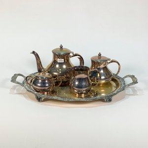Juego de Servir Metálico EPNS: Bandeja, Tetera, Cafetera, Lechera y Azucarero - imagen 1