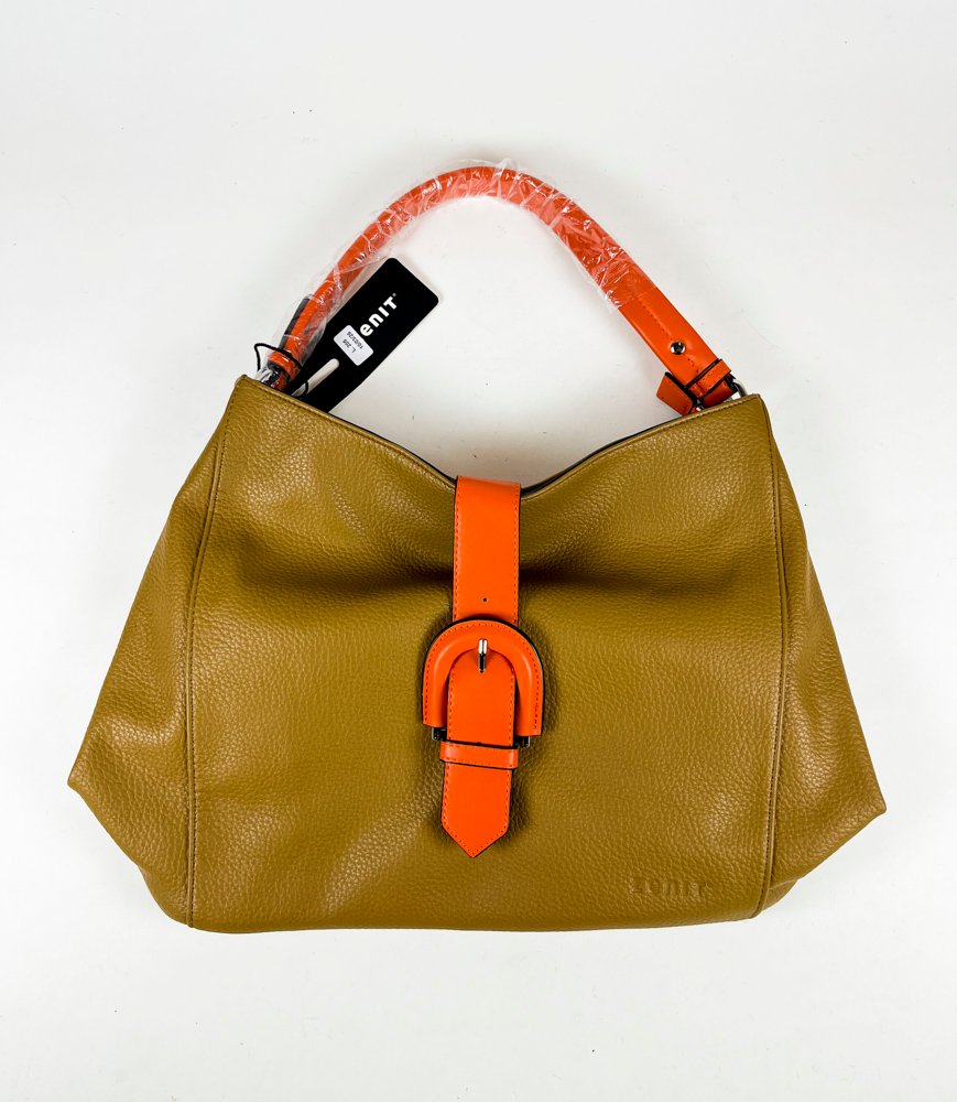 Cartera-Bolso para dama Zenit, color Marron claro y detalles en naranja