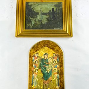 Lote anterior: Dos Cuadros: Virgen con Niños y Ángeles y Velero en Paisaje Marino