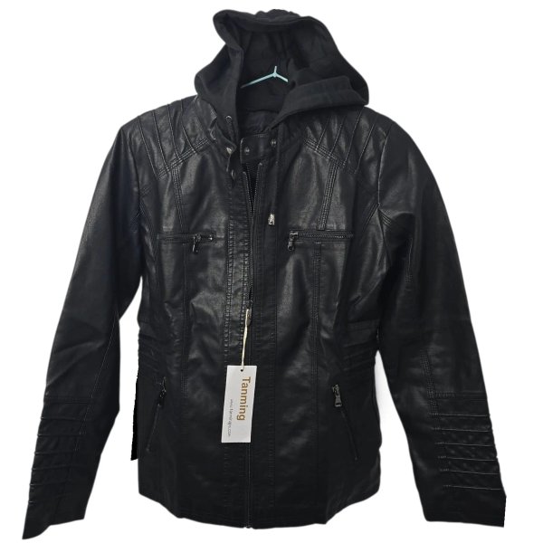 Campera de Eco-cuero Negra Tanming con Capucha Desmontable